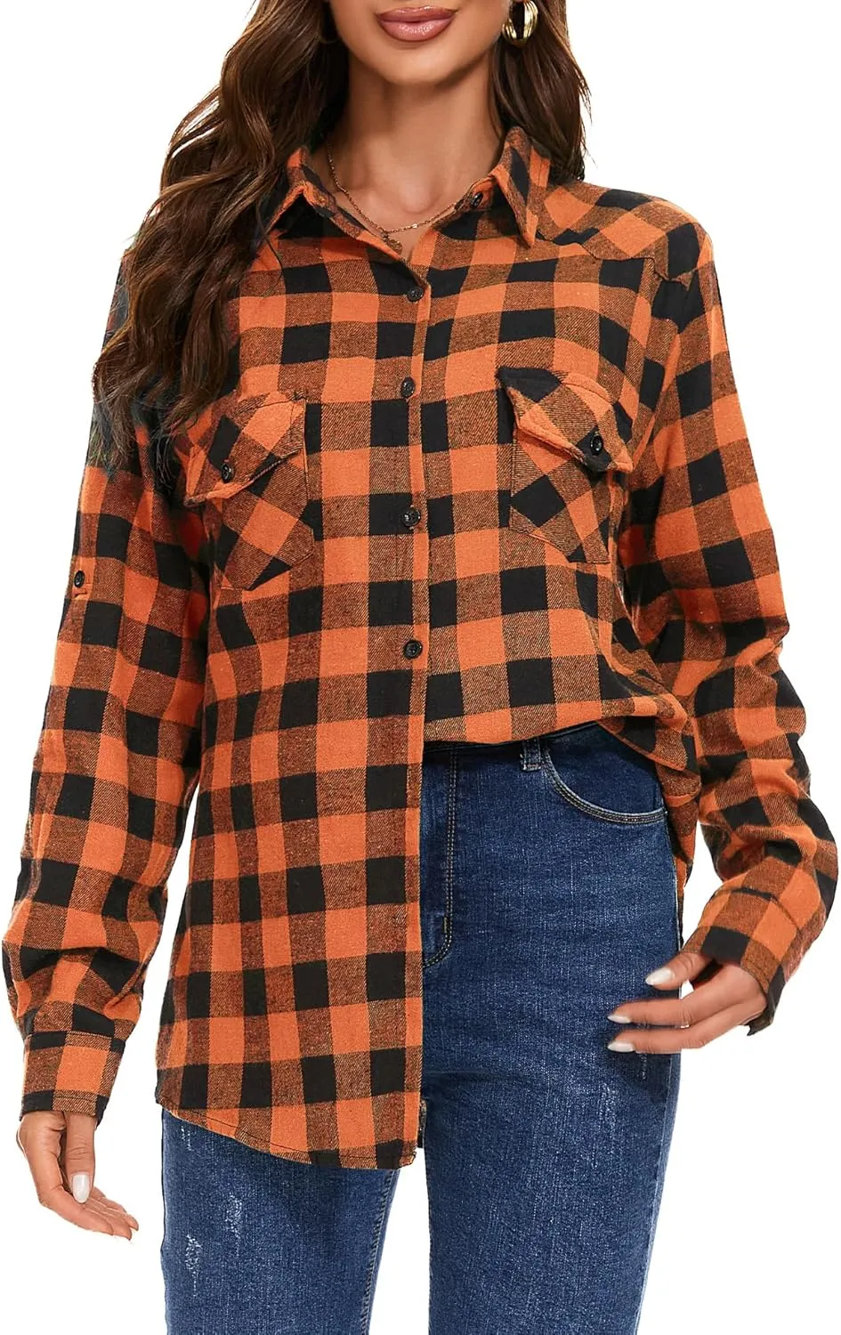 Genhoo Womens Flannel Shirts Roll Up Long Sleeve Plaid Shirt Collared Button Down Gingham Casual Top S-4XL