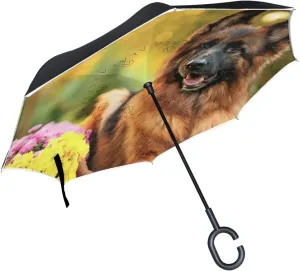 German Shepherd with Flowers Reverse Inverted Inside Out Umbrella Cars Unigue Windproof UV Proof Double Layer for Women