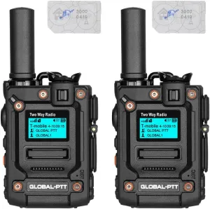Global-PTT Push-to-Talk Over Cellular Radios, 4G/LTE Nationwide Coverage Walkie Talkie Unlimited Range Long Battery Life with Free 2GB Yearly Data Sim Cards, Pack of 2 (Black)