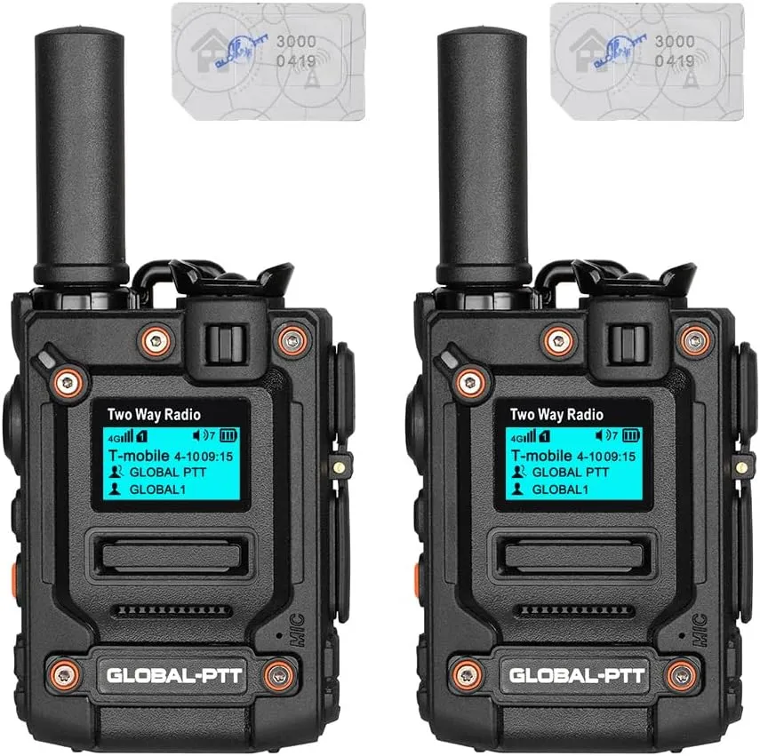 Global-PTT Push-to-Talk Over Cellular Radios, 4G/LTE Nationwide Coverage Walkie Talkie Unlimited Range Long Battery Life with Free 2GB Yearly Data Sim Cards, Pack of 2 (Black)