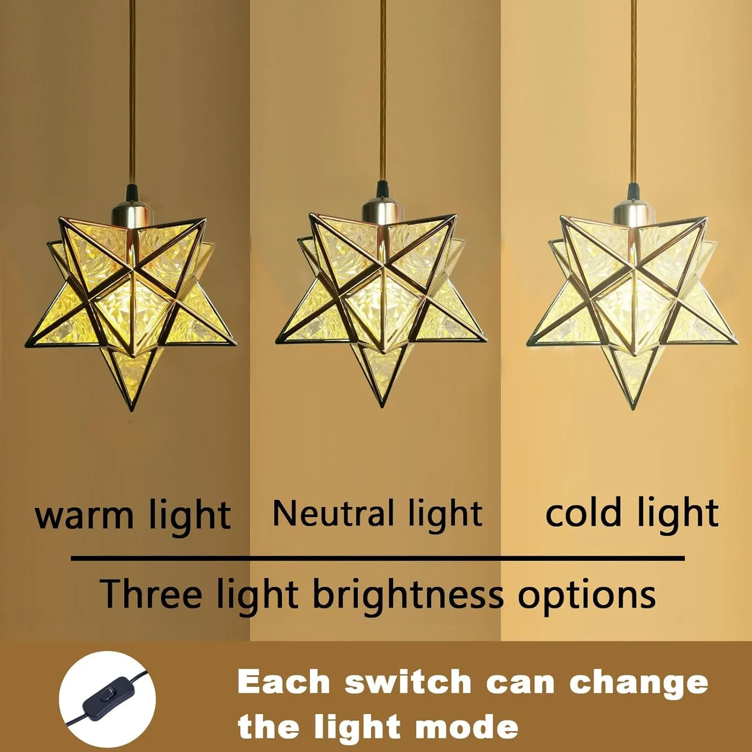Gold Farmhouse Pendant Lights Kitchen Island,Indoor Plug in Hanging Light Fixture with 16.5ft Cord and Switch,Moravian Star Lights for Bedroom Hallway Porch Etc(LED Bulb Include)
