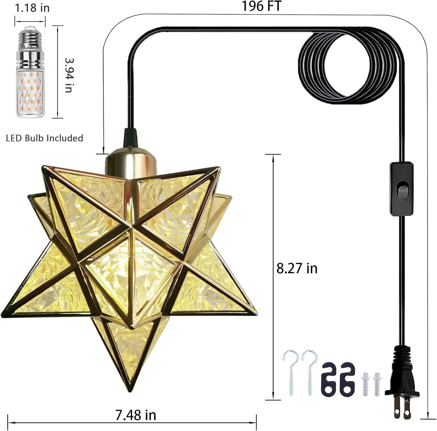 Gold Farmhouse Pendant Lights Kitchen Island,Indoor Plug in Hanging Light Fixture with 16.5ft Cord and Switch,Moravian Star Lights for Bedroom Hallway Porch Etc(LED Bulb Include)