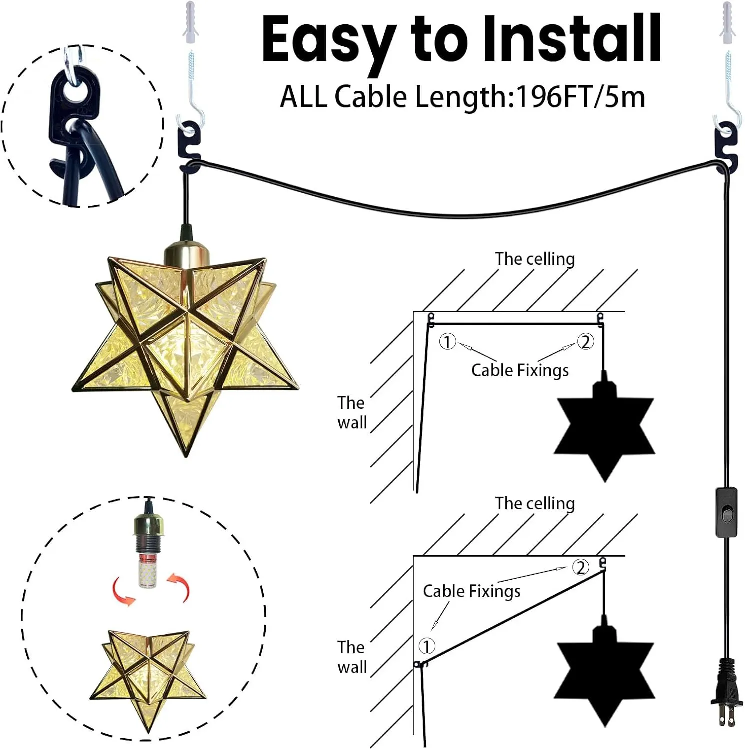Gold Farmhouse Pendant Lights Kitchen Island,Indoor Plug in Hanging Light Fixture with 16.5ft Cord and Switch,Moravian Star Lights for Bedroom Hallway Porch Etc(LED Bulb Include)