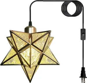 Gold Farmhouse Pendant Lights Kitchen Island,Indoor Plug in Hanging Light Fixture with 16.5ft Cord and Switch,Moravian Star Lights for Bedroom Hallway Porch Etc(LED Bulb Include)
