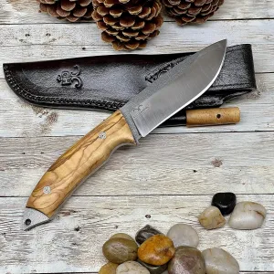Golden Horn Expert Handcraft Hunting Knife with Personalized Olive Wood Handle and Leather Sheath for Gift - Bohler N690 Bushcraft Knife