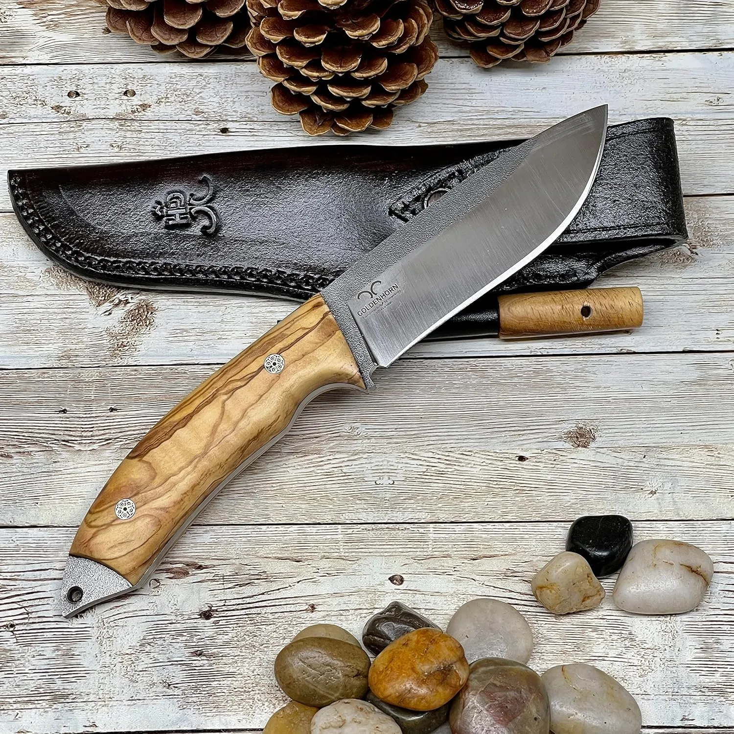 Golden Horn Expert Handcraft Hunting Knife with Personalized Olive Wood Handle and Leather Sheath for Gift - Bohler N690 Bushcraft Knife