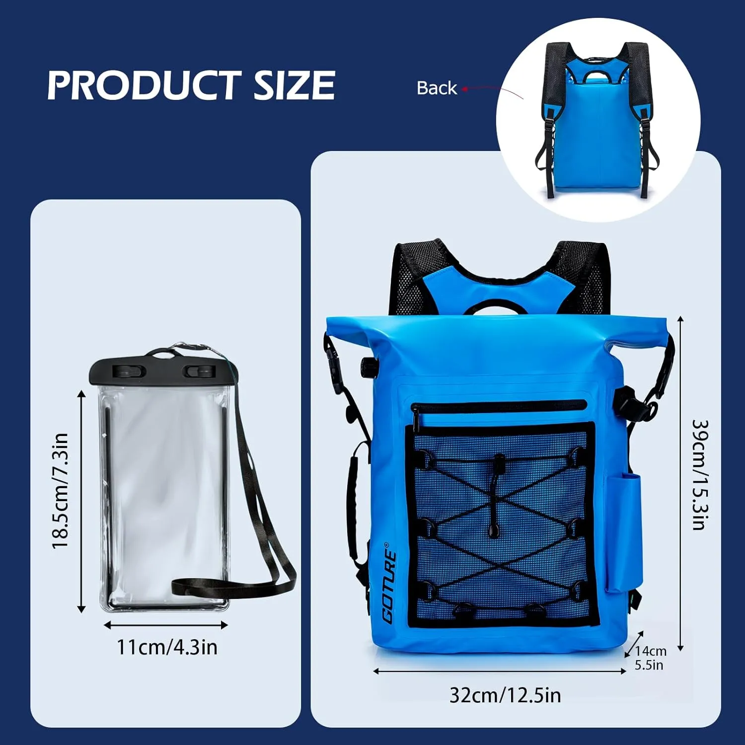 Goture Dry Bag Waterproof Backpack,20L Fishing Tackle Bag with Rod Holder,Padded Shoulder Straps and Air Exhaust Valve,500D PVC Dry Sack Bag with Phone Case for Kayaking,Boating,Fishing,Travel