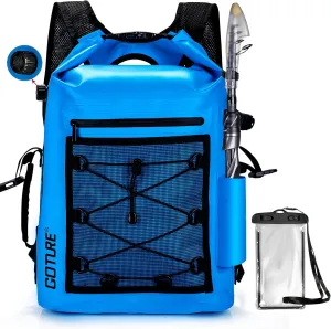 Goture Dry Bag Waterproof Backpack,20L Fishing Tackle Bag with Rod Holder,Padded Shoulder Straps and Air Exhaust Valve,500D PVC Dry Sack Bag with Phone Case for Kayaking,Boating,Fishing,Travel