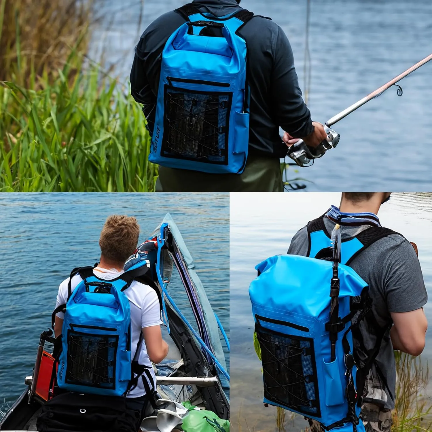 Goture Dry Bag Waterproof Backpack,20L Fishing Tackle Bag with Rod Holder,Padded Shoulder Straps and Air Exhaust Valve,500D PVC Dry Sack Bag with Phone Case for Kayaking,Boating,Fishing,Travel