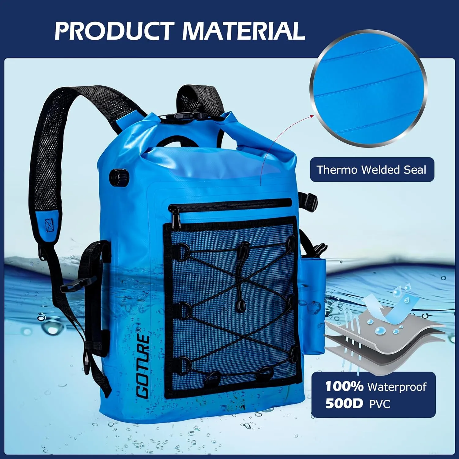 Goture Dry Bag Waterproof Backpack,20L Fishing Tackle Bag with Rod Holder,Padded Shoulder Straps and Air Exhaust Valve,500D PVC Dry Sack Bag with Phone Case for Kayaking,Boating,Fishing,Travel