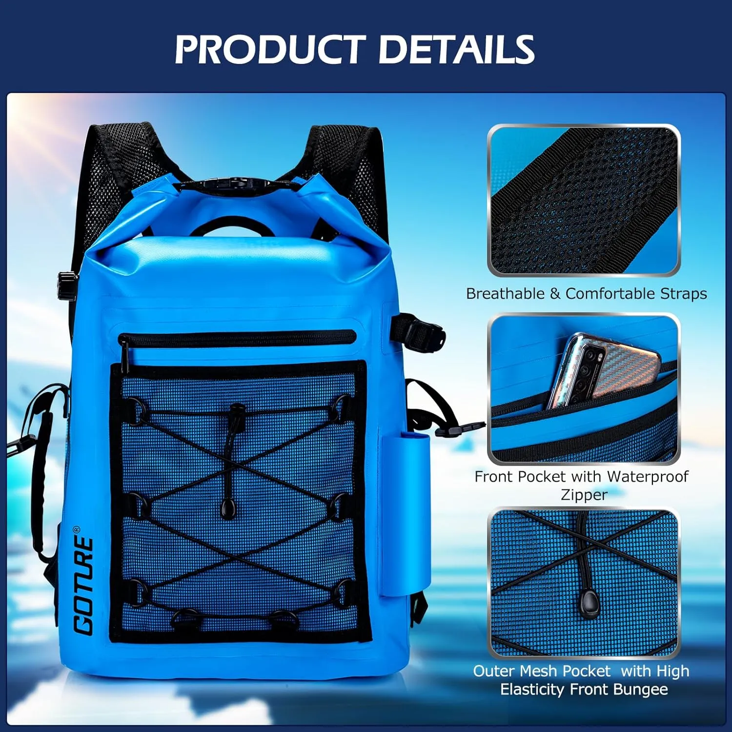 Goture Dry Bag Waterproof Backpack,20L Fishing Tackle Bag with Rod Holder,Padded Shoulder Straps and Air Exhaust Valve,500D PVC Dry Sack Bag with Phone Case for Kayaking,Boating,Fishing,Travel