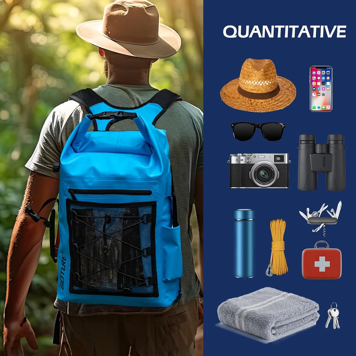 Goture Dry Bag Waterproof Backpack,20L Fishing Tackle Bag with Rod Holder,Padded Shoulder Straps and Air Exhaust Valve,500D PVC Dry Sack Bag with Phone Case for Kayaking,Boating,Fishing,Travel