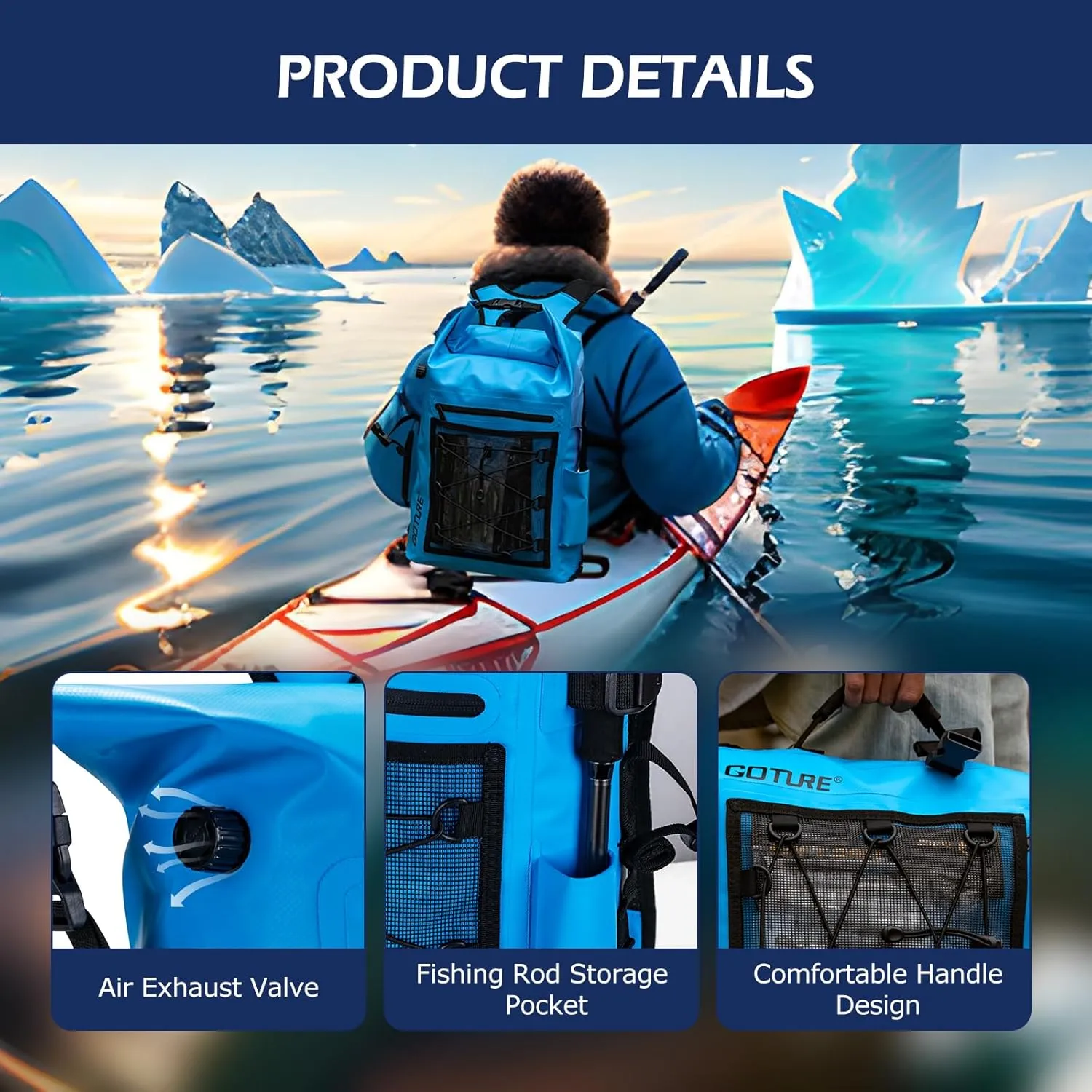 Goture Dry Bag Waterproof Backpack,20L Fishing Tackle Bag with Rod Holder,Padded Shoulder Straps and Air Exhaust Valve,500D PVC Dry Sack Bag with Phone Case for Kayaking,Boating,Fishing,Travel