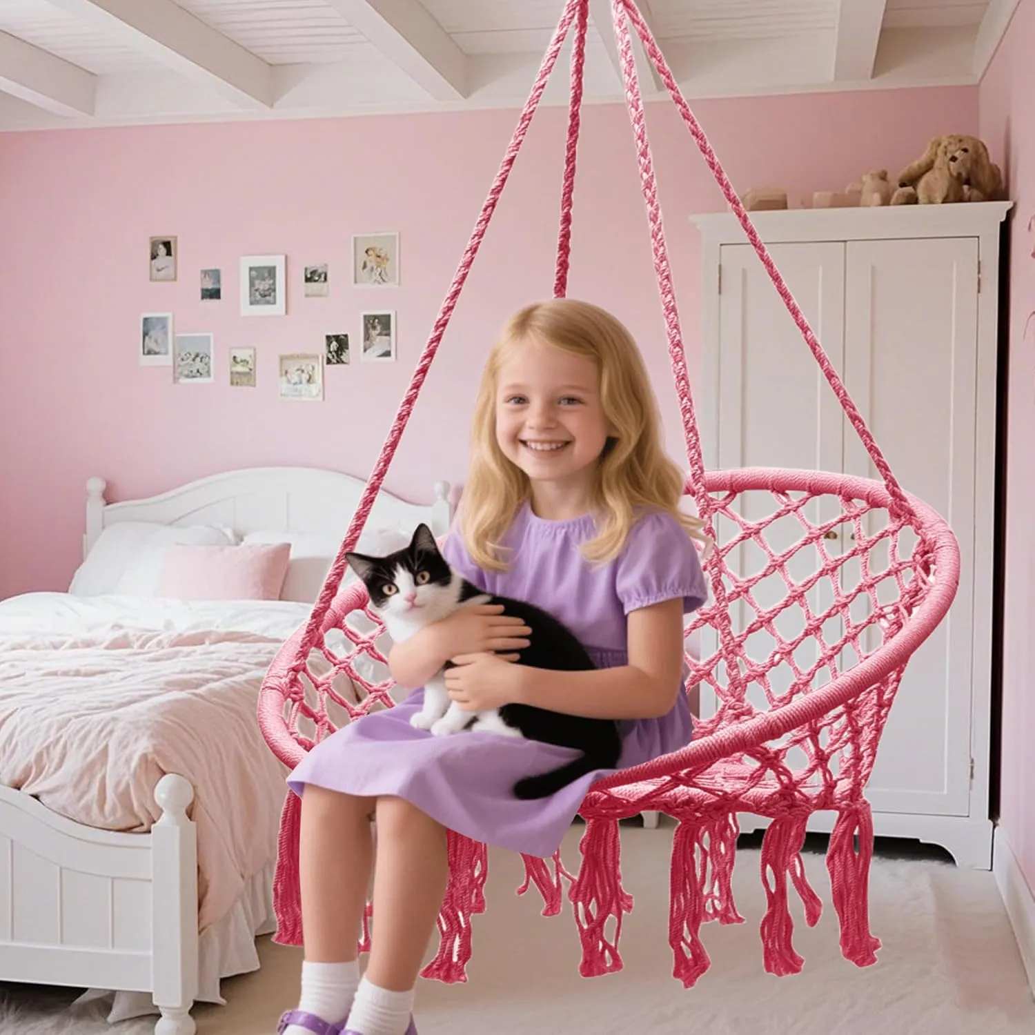 Goutime Hammock Chair with Hanging Hardware Kit,Macrame Boho Swing Chairs for Indoor,Outdoor,Bedroom,Patio(Pink (Pillows are not Included))