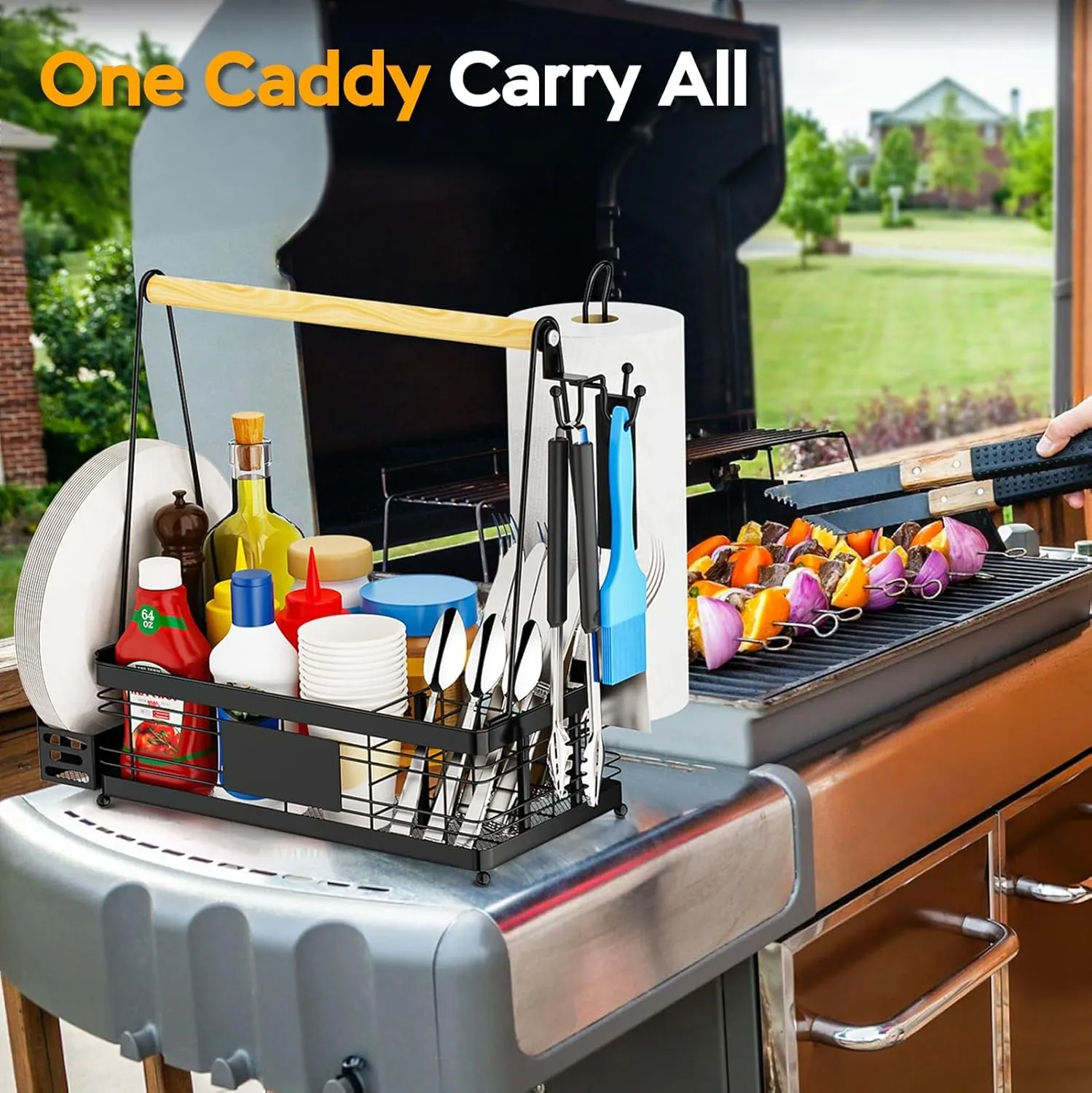 Grill Caddy with Plate Holder and Paper Towel Holder, Picnic BBQ Condiment Utensil Organizer Caddy for Outdoor Cooking, Rv, Camping Essential, Camper Must Haves, Grilling Gifts for Men