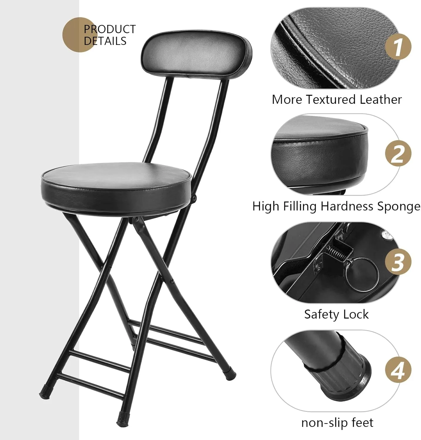 H HOMEWINS Cushioned Padded Folding Stool,18.7-Inch Counter Height Bar Stool,Portable Folding Stool with Handle for Fishing Hiking Gardening Travel BBQ