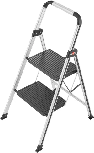 Hailo Folding Step Stool, Non-Slip 2 Step Ladder for Garage, Home and Kitchen, K71, Silver/Black