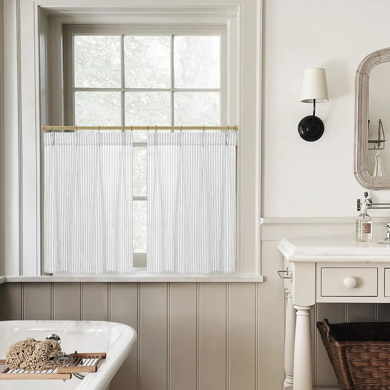 Half Curtains for Windows,Cafe Curtains 24 Inch Length Pinch Pleated Short Bathroom Curtains Window,Grey and White