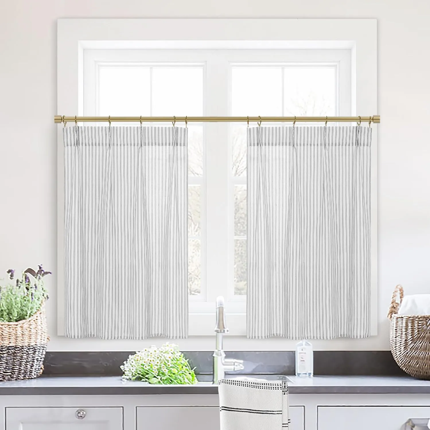 Half Curtains for Windows,Cafe Curtains 24 Inch Length Pinch Pleated Short Bathroom Curtains Window,Grey and White