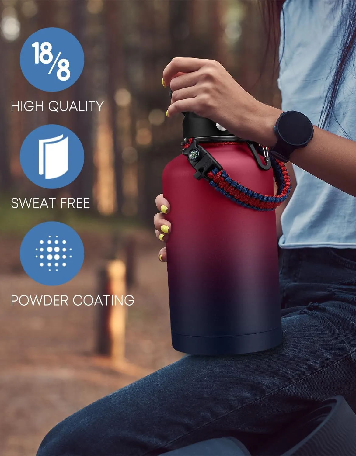 Half Gallon Water-Bottle with Straw - Paracord Handle, Straw & Flex Cap, Keep Ice Cold-48H & Hot-24H, Vacuum Insulated Water Jug with Carrier Bag, Protective Boot, Metal Insulated Water Bottle 64oz