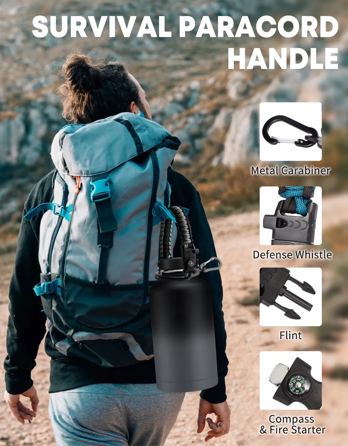 Half Gallon Water-Bottle with Straw - Paracord Handle, Straw & Flex Cap, Keep Ice Cold-48H & Hot-24H, Vacuum Insulated Water Jug with Carrier Bag, Protective Boot, Metal Insulated Water Bottle 64oz
