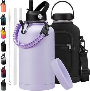 Half Gallon Water-Bottle with Straw - Paracord Handle, Straw & Flex Cap, Keep Ice Cold-48H & Hot-24H, Vacuum Insulated Water Jug with Carrier Bag, Protective Boot, Metal Insulated Water Bottle 64oz