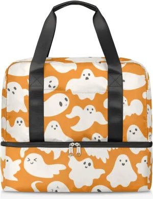Halloween Cute Ghost Travel Bag Double Tier Zip Closure Weekender Bag with Leather Handle Waterproof Sports Tote Gym Bag for Swim Beach Gym Yoga