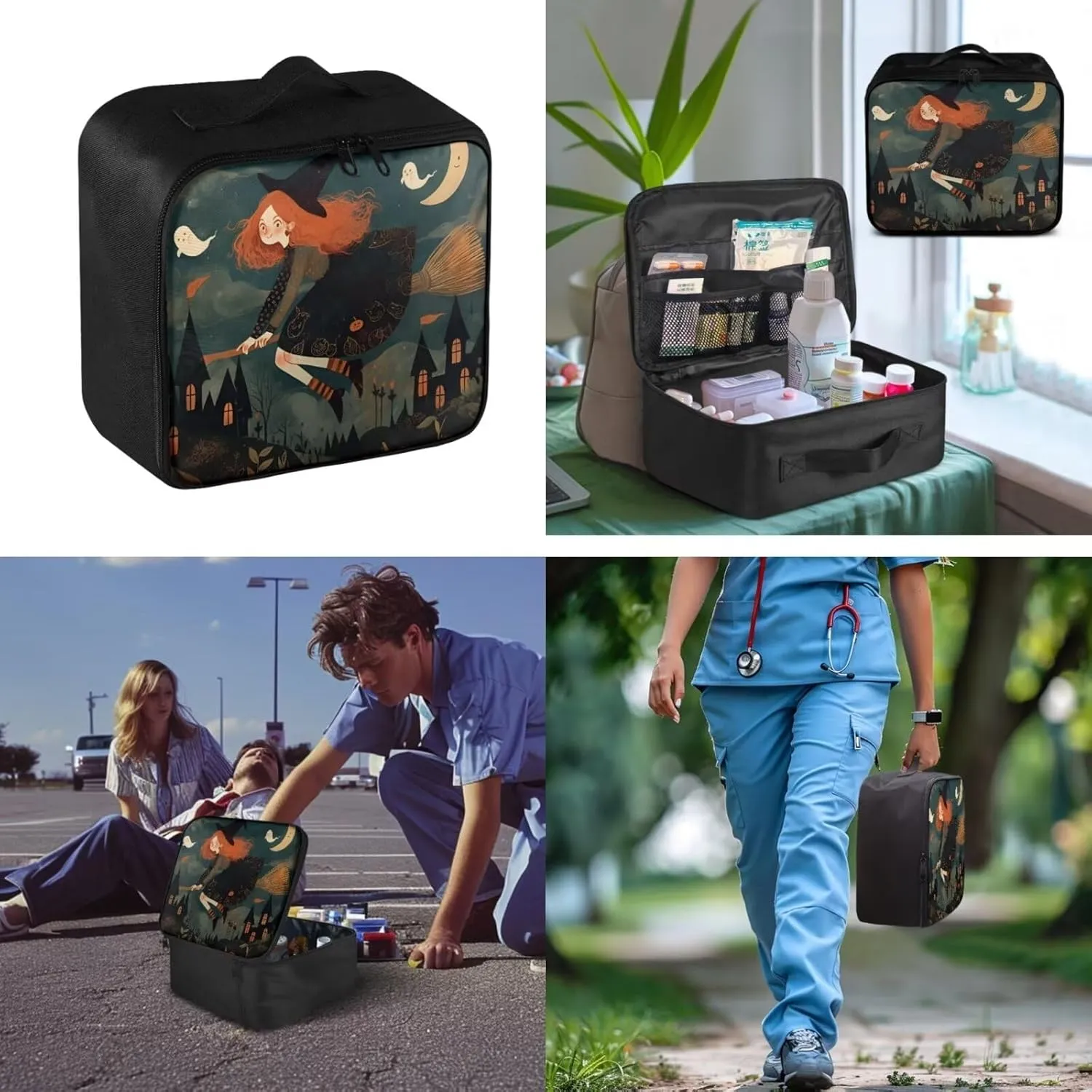 Halloween Witch Print First Aid Kit Empty Medical Kit Medicine Storage Trauma First Aid,Family Dorm Travel Workplace Sports Venues Vehicle Essentials,Outdoor Sports Gear (Bag Only)