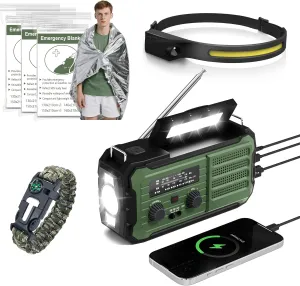 Hand Crank Emergency Radio Kit, 10000mAh NOAA Weather Alert Radio, AM/FM Portable Radios with Headlight, Emergency Thermal Blanket, Paracord Bracele, for Camping, Survival, Indoor&Outdoor