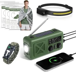 Hand Crank Emergency Radio Kit, 5000mAh NOAA Weather Alert Radio, AM/FM Portable Radios with Headlight, Emergency Thermal Blanket, Paracord Bracele, for Camping, Survival, Indoor&Outdoor