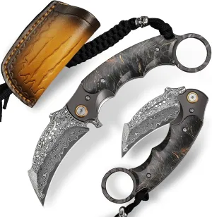 Handmade Damascus steel Folding Pocket EDCKnife，with cowhide sheath And pocket clip，2.8in blade Claw Hawkbill Folding Knife，Lining lock, wooden handle，Outdoor survival first-aid camping knife