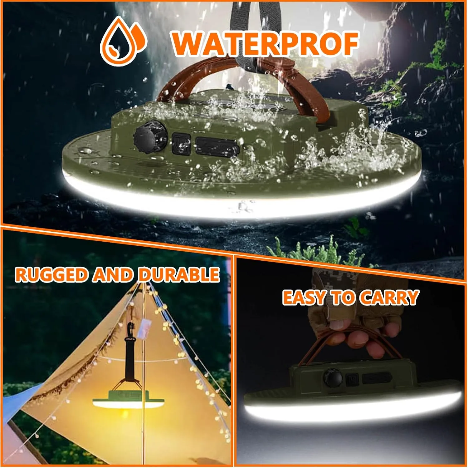 Hanging Camping Tent Light LED Rechargeable Portable Lantern with Magnetic Adsorption,4 Dimmable Modes,Waterproof,USB Output,Tripod Compatible for Outdoor Camping,Hiking,Emergency (D82-3(6000mAh))