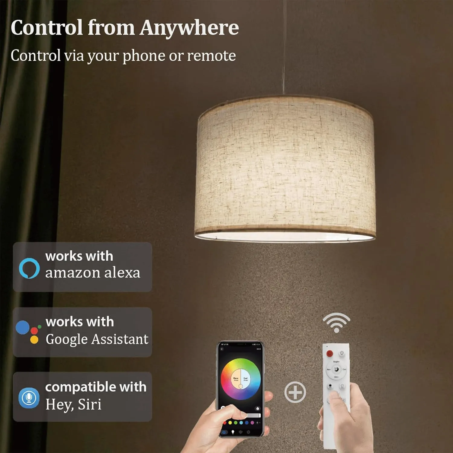 Hanging Lamp Plug in Pendant Light 2 Pack with Remote Control, 15Ft Hanging Lights with Plug in Cord Beige Lamp Shade Plug in Ceiling Light with Cord for Bedroom, Kitchen, Living Room, Dining Table