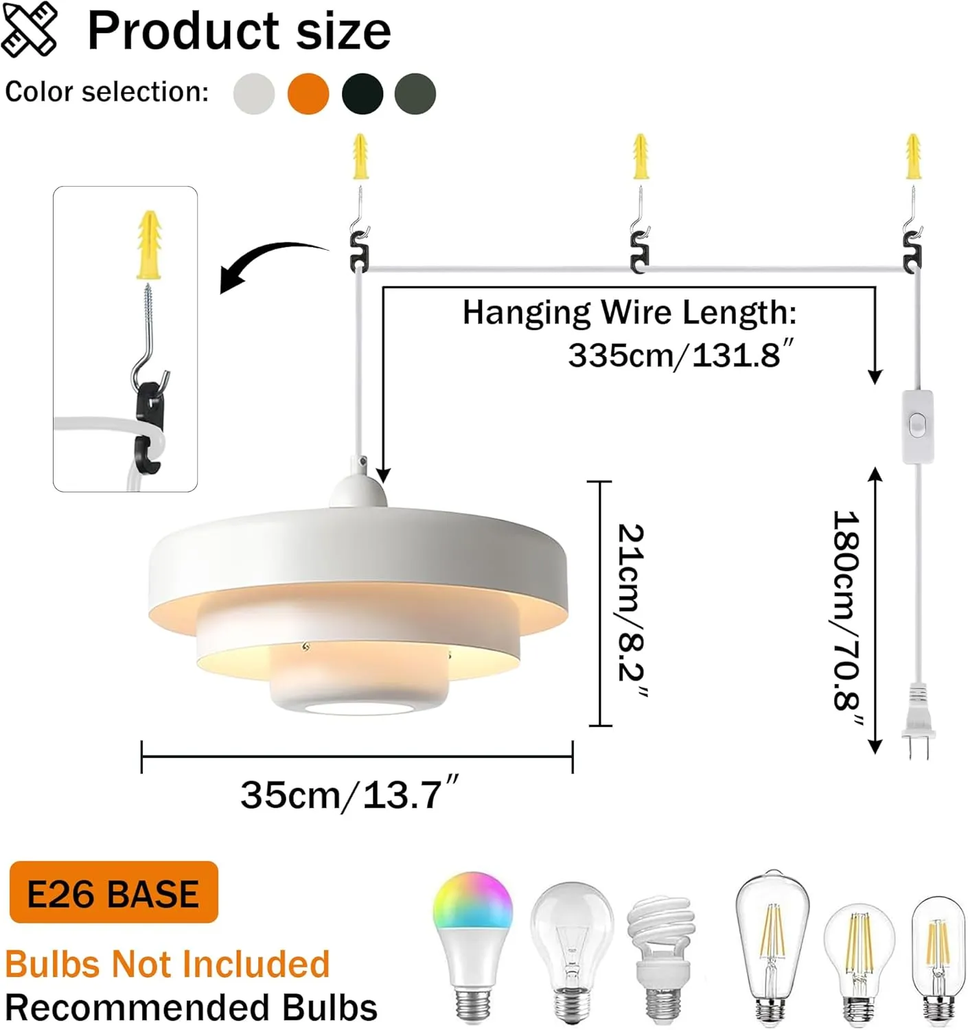 Hanging Lamp Plug in White Pendant Light Fixtures Mid Century Modern Pendant Lamp Nordic Style Pendant Lighting Metal Shade for Living Room Dining Room Bedroom Kitchen Island