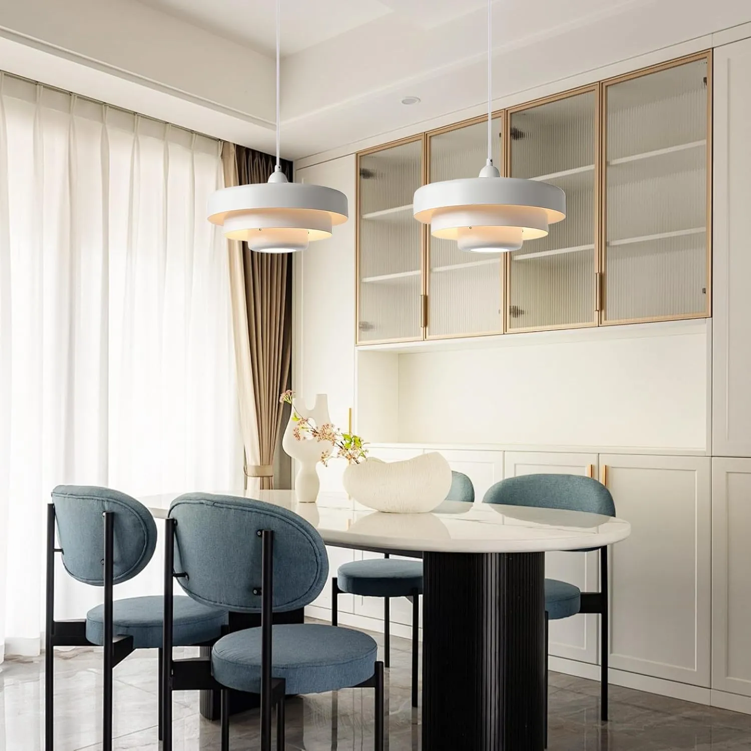 Hanging Lamp Plug in White Pendant Light Fixtures Mid Century Modern Pendant Lamp Nordic Style Pendant Lighting Metal Shade for Living Room Dining Room Bedroom Kitchen Island