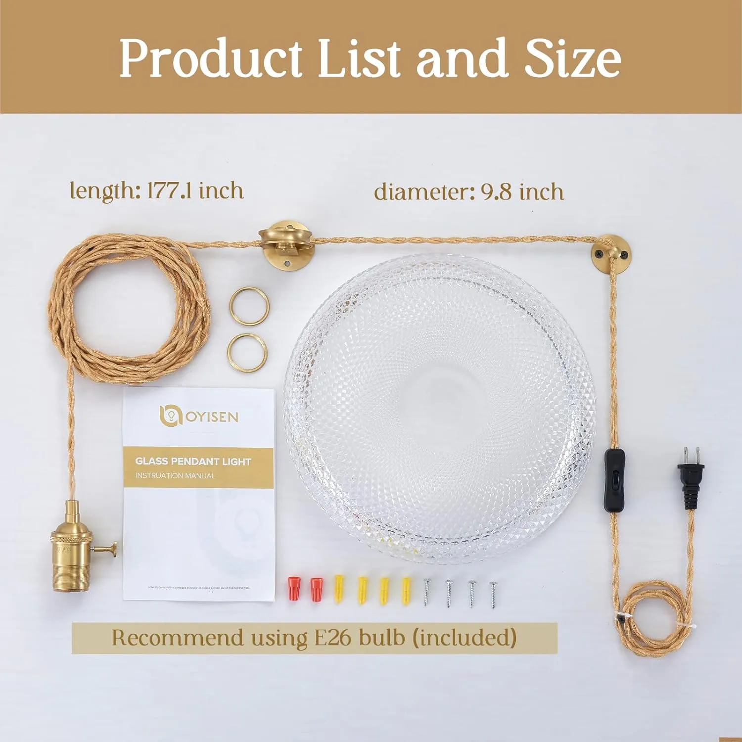 Hanging Lamp Plug in,Golden Adjustable Light Cord Plug in Pendant Light 9.8 Inch Glass Lampshade Hanging Ceiling Light Kitchen Island Pendant Lights for Bedroom with Light Bulb