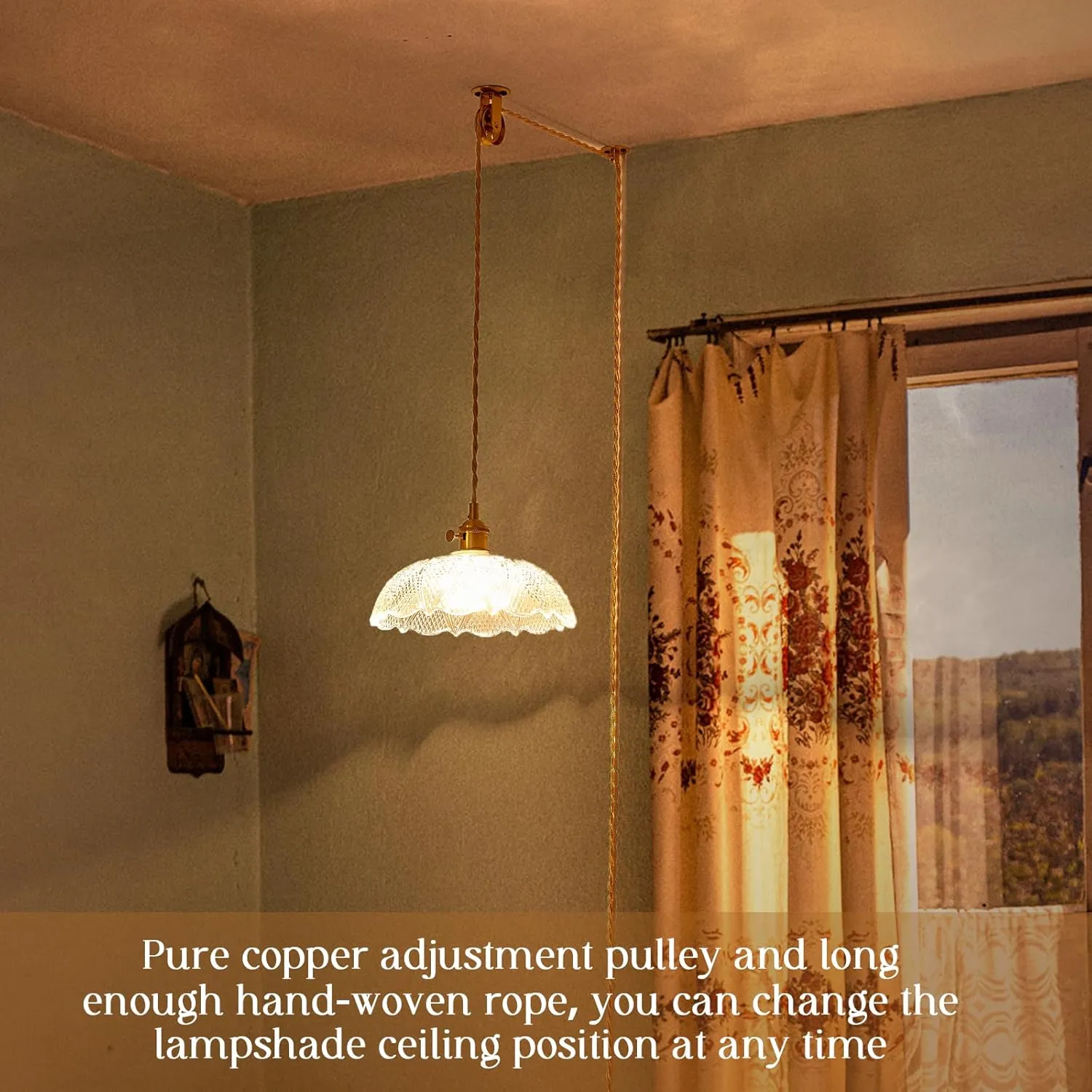 Hanging Lamp Plug in,Golden Adjustable Light Cord Plug in Pendant Light 9.8 Inch Glass Lampshade Hanging Ceiling Light Kitchen Island Pendant Lights for Bedroom with Light Bulb