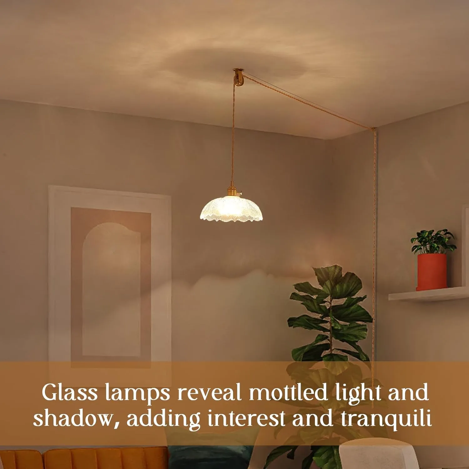Hanging Lamp Plug in,Golden Adjustable Light Cord Plug in Pendant Light 9.8 Inch Glass Lampshade Hanging Ceiling Light Kitchen Island Pendant Lights for Bedroom with Light Bulb