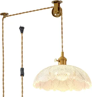 Hanging Lamp Plug in,Golden Adjustable Light Cord Plug in Pendant Light 9.8 Inch Glass Lampshade Hanging Ceiling Light Kitchen Island Pendant Lights for Bedroom with Light Bulb
