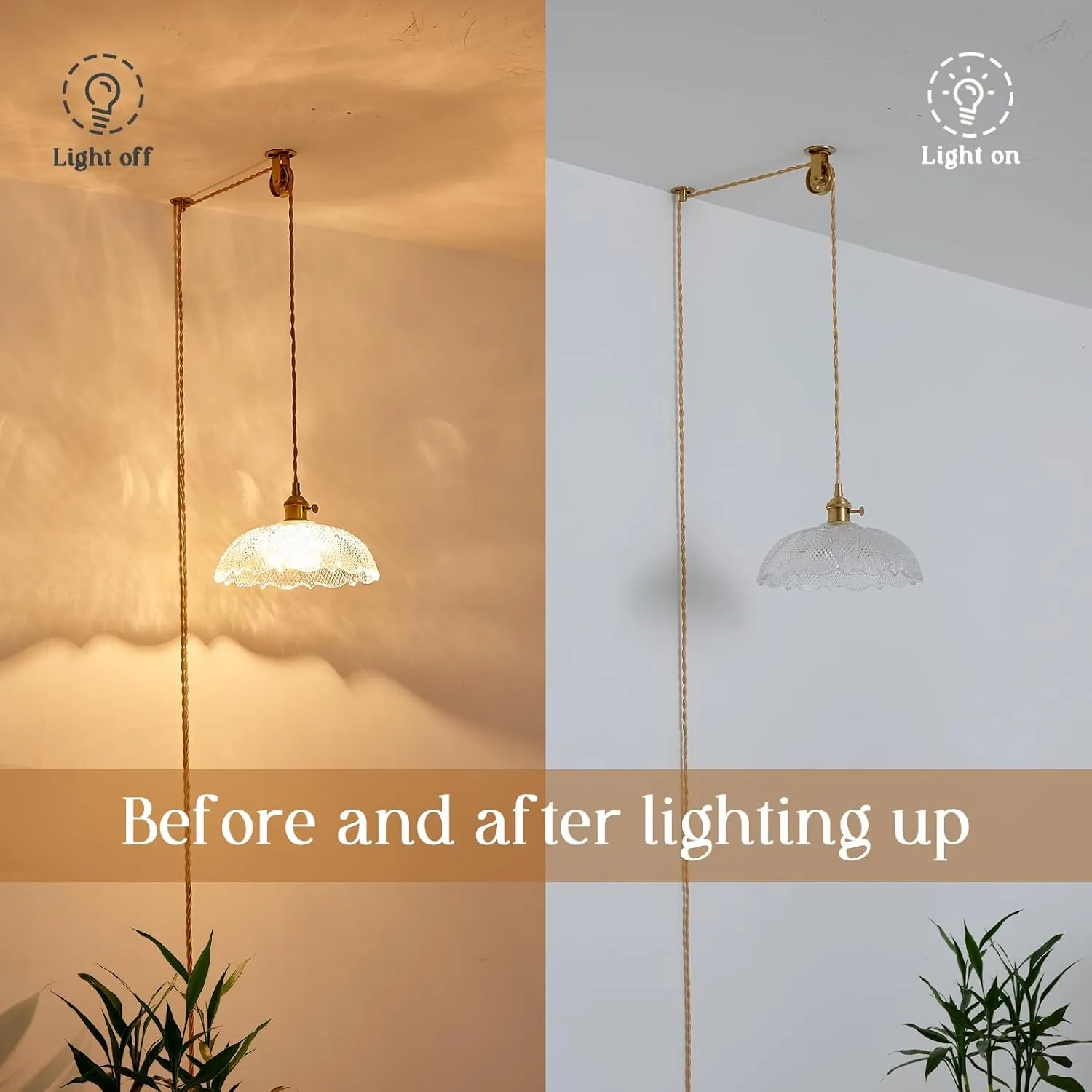 Hanging Lamp Plug in,Golden Adjustable Light Cord Plug in Pendant Light 9.8 Inch Glass Lampshade Hanging Ceiling Light Kitchen Island Pendant Lights for Bedroom with Light Bulb