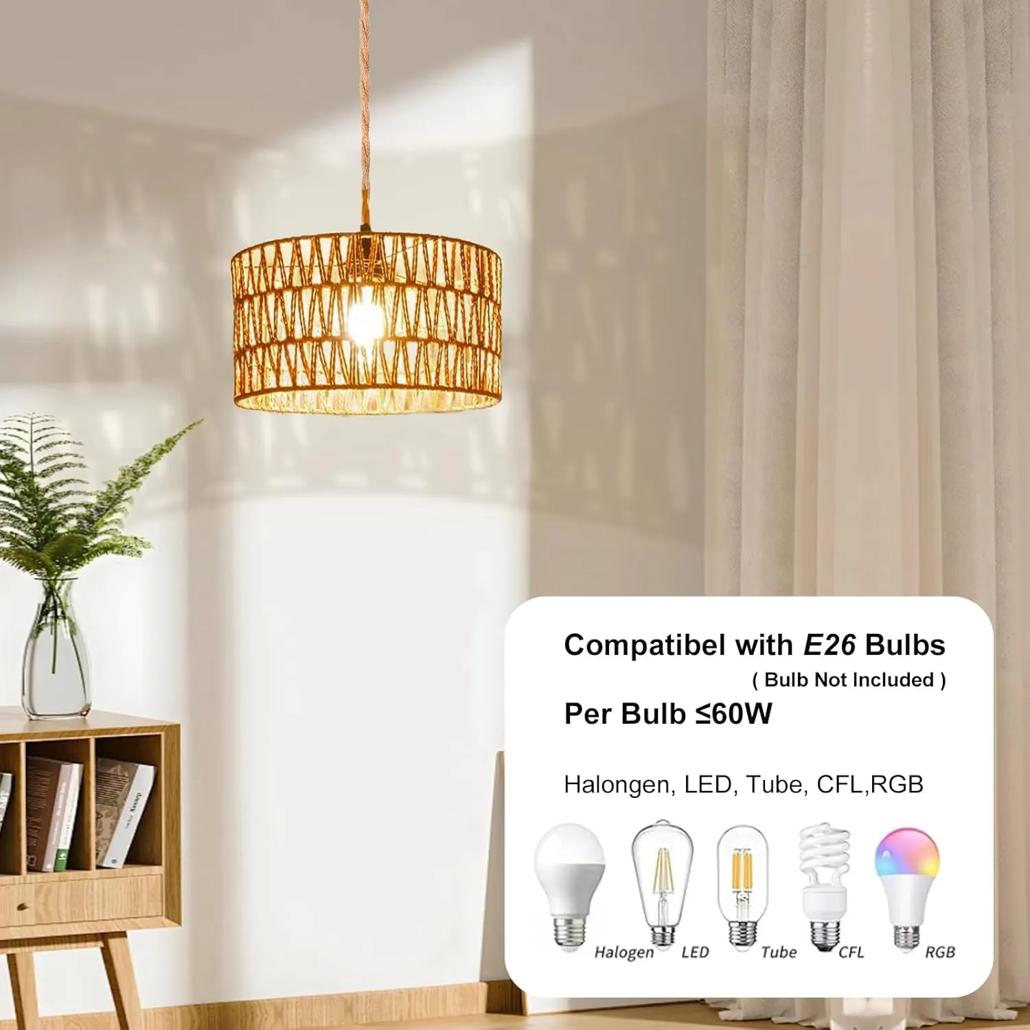 Hanging Lamps Rattan Pendant Light Hanging Lights 16.4ft Plug in Cord Pendant Light Fixture Plug Into Wall Outlet Pendant Lighting with On Off Switch for Bedroom Living (Cylindrical Shade)