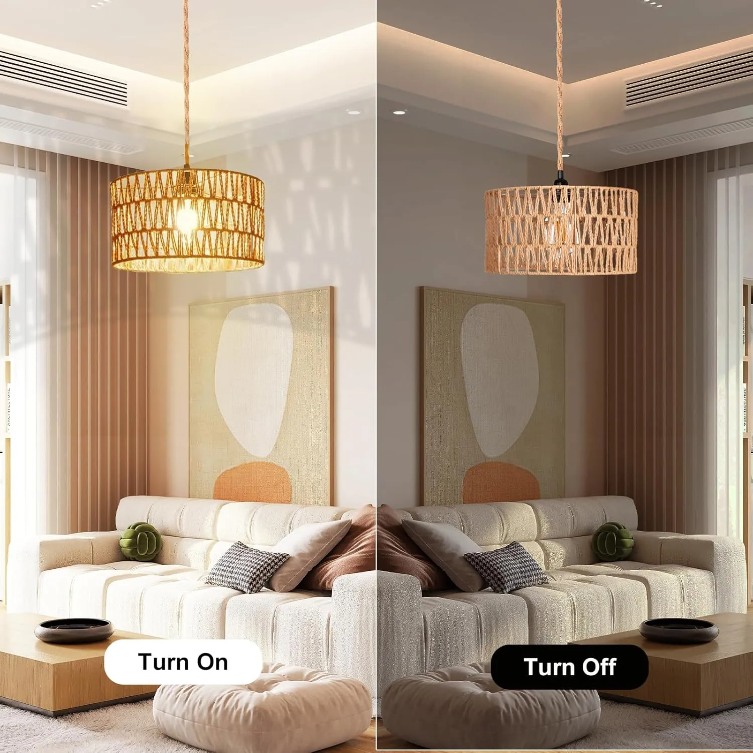 Hanging Lamps Rattan Pendant Light Hanging Lights 16.4ft Plug in Cord Pendant Light Fixture Plug Into Wall Outlet Pendant Lighting with On Off Switch for Bedroom Living (Cylindrical Shade)