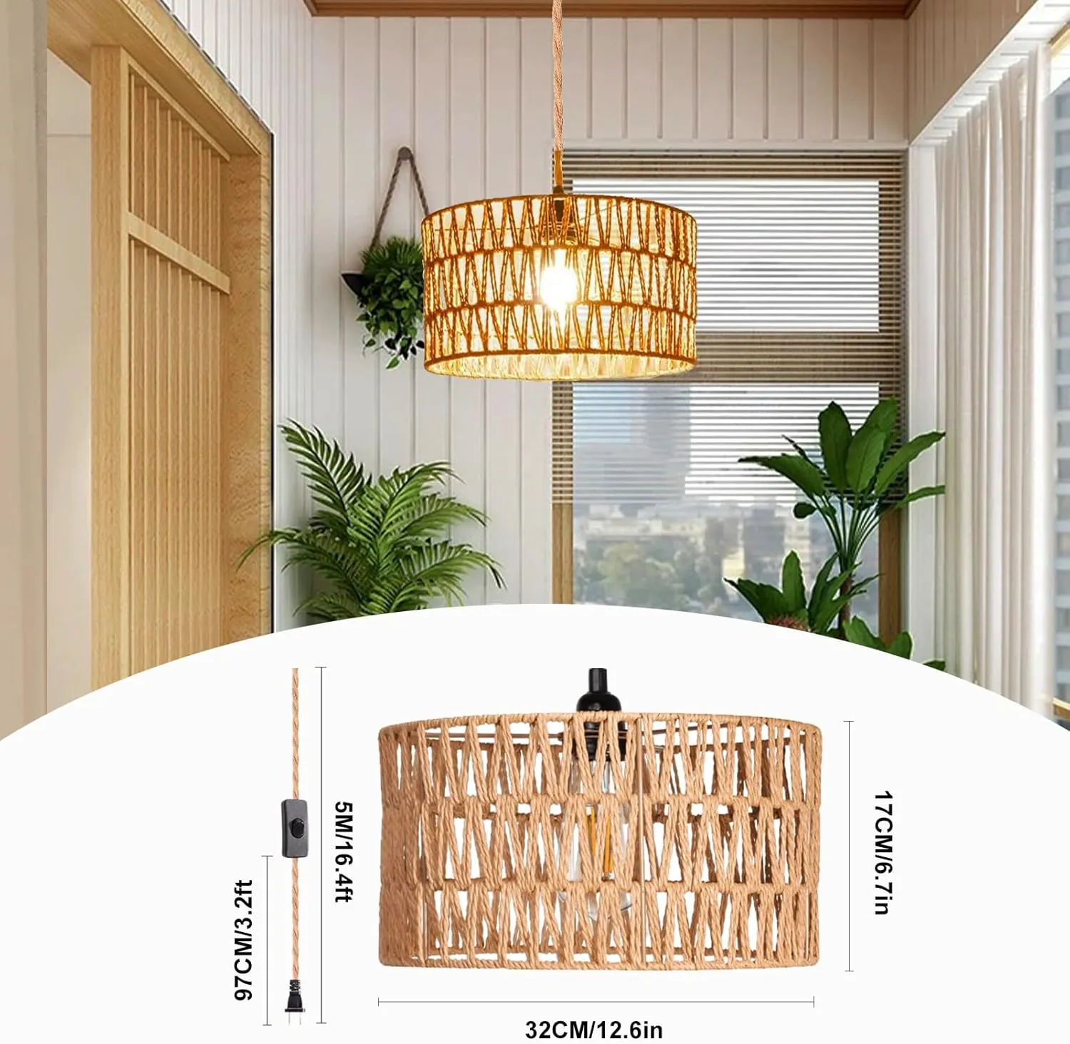 Hanging Lamps Rattan Pendant Light Hanging Lights 16.4ft Plug in Cord Pendant Light Fixture Plug Into Wall Outlet Pendant Lighting with On Off Switch for Bedroom Living (Cylindrical Shade)