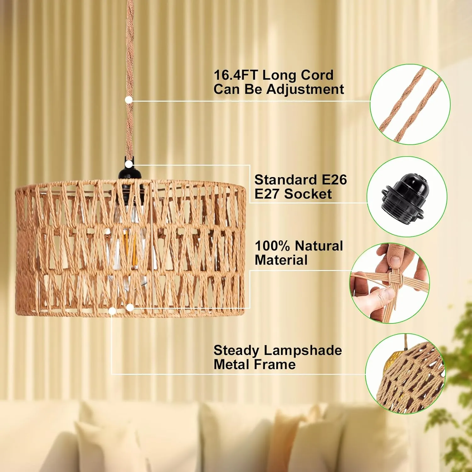 Hanging Lamps Rattan Pendant Light Hanging Lights 16.4ft Plug in Cord Pendant Light Fixture Plug Into Wall Outlet Pendant Lighting with On Off Switch for Bedroom Living (Cylindrical Shade)