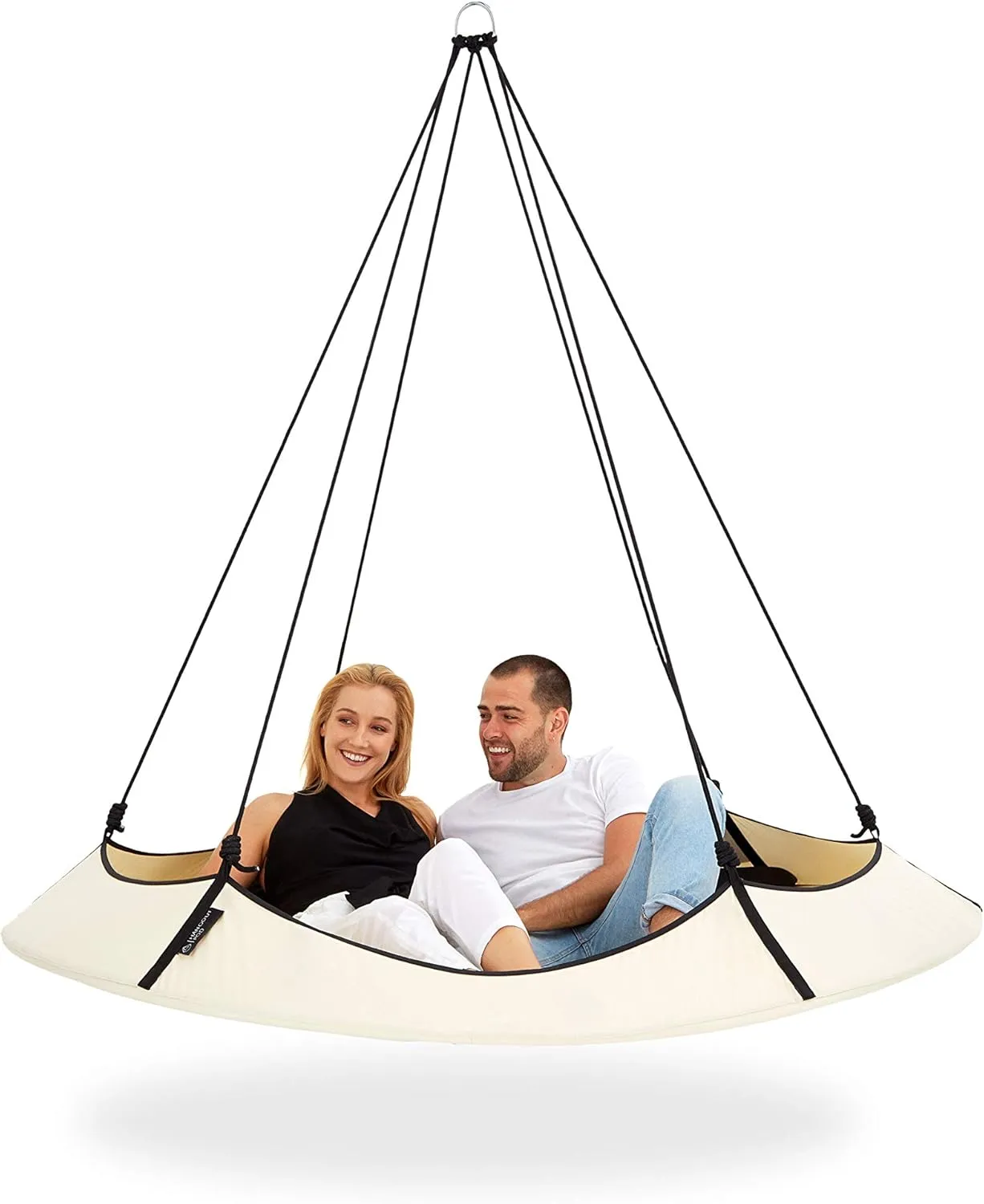 Hangout Pod Free-Hanging Transportable Circular Family Hammock Bed/Hanging Chair/Porch Swing for Garden, Deck, Lawn, Patio and Camping. Cream & Black