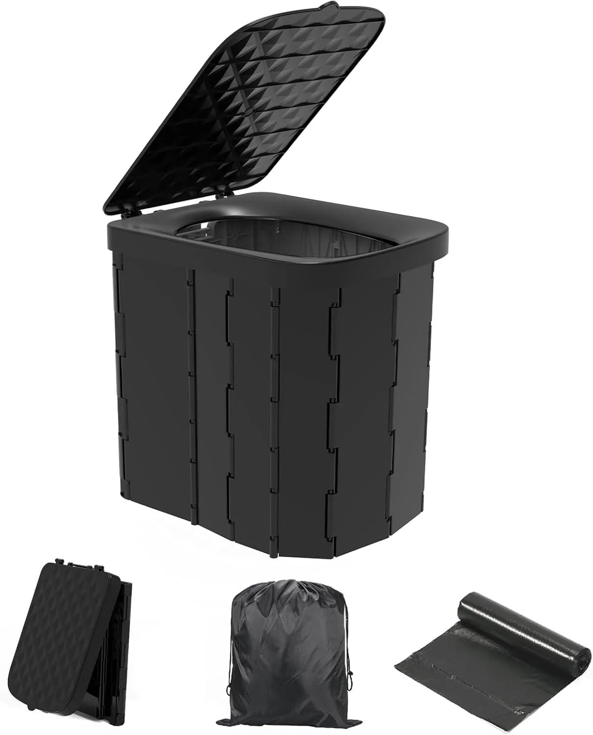 Hapoon XL Portable Folding Toilet with Lid - Travel Portable Potty for Adults, 12 Toilet Bags, 12 Pack Liquid Waste Gel