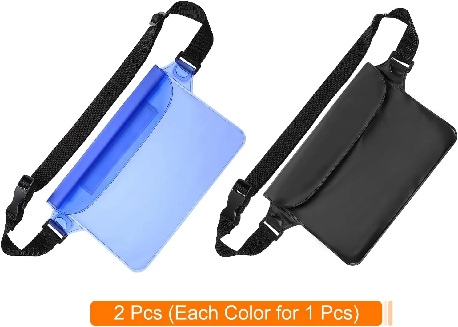 HARFINGTON 2pcs Waterproof Pouch Waterproof Fanny Pack Floating Waterproof Bag with Adjustable Waist Strap for Travel Beach Swimming Kayaking Boating Pool Accessories, Clear Blue Solid Black