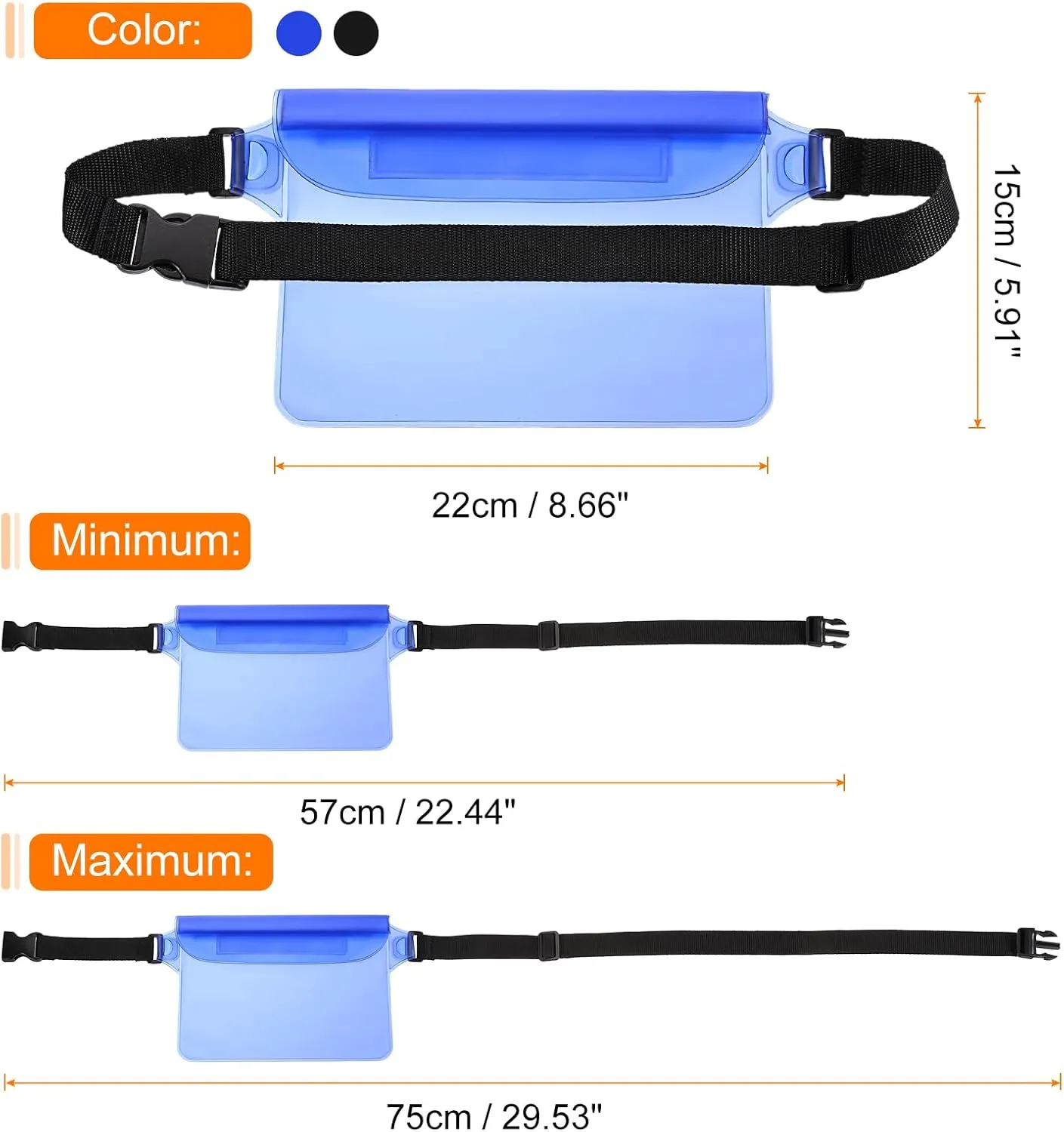 HARFINGTON 2pcs Waterproof Pouch Waterproof Fanny Pack Floating Waterproof Bag with Adjustable Waist Strap for Travel Beach Swimming Kayaking Boating Pool Accessories, Clear Blue Solid Black
