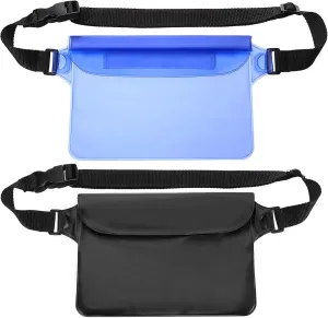 HARFINGTON 2pcs Waterproof Pouch Waterproof Fanny Pack Floating Waterproof Bag with Adjustable Waist Strap for Travel Beach Swimming Kayaking Boating Pool Accessories, Clear Blue Solid Black