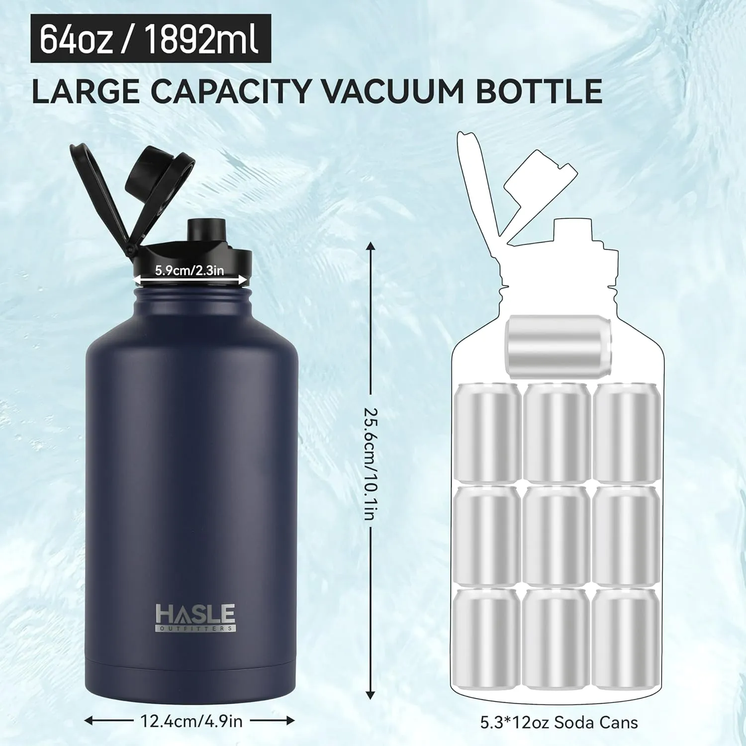HASLE OUTFITTERS Half Gallon Insulated Water Bottles 64 oz, Stainless Steel Metal Water Jug with 2 Lids Keep Cold 48h/Hot 24h, Leak Proof & BPA-Free Water Flask Jug(Navy,1)